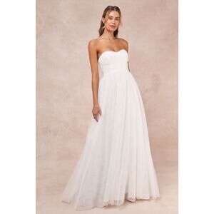 Lulus Blissful Forever White Tulle Lace Strapless Pleated Wedding Dress Small